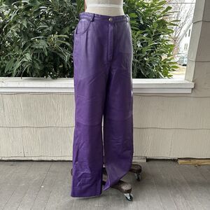 Escada Purple Leather Pants Womens M Straight Leg High Rise Vintage